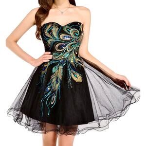 Black Embroidered Sequined Peacock Dress Strapless Tulle Balletcore Fairy Prom